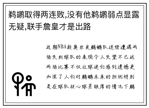 鹈鹕取得两连败,没有他鹈鹕弱点显露无疑,联手詹皇才是出路