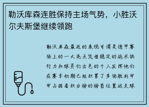 勒沃库森连胜保持主场气势，小胜沃尔夫斯堡继续领跑