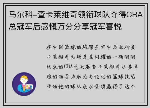 马尔科-查卡莱维奇领衔球队夺得CBA总冠军后感慨万分分享冠军喜悦
