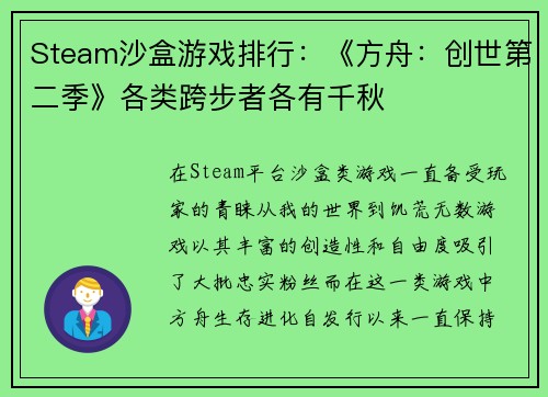 Steam沙盒游戏排行：《方舟：创世第二季》各类跨步者各有千秋
