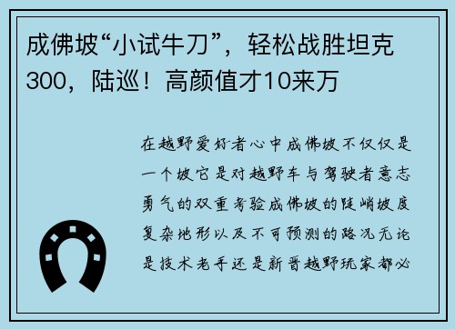成佛坡“小试牛刀”，轻松战胜坦克300，陆巡！高颜值才10来万