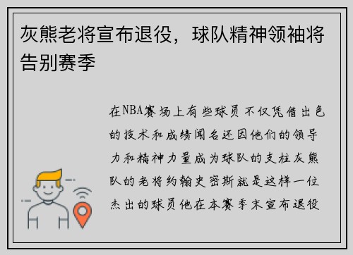 灰熊老将宣布退役，球队精神领袖将告别赛季