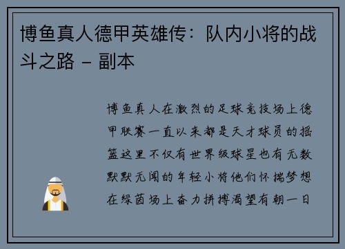 博鱼真人德甲英雄传：队内小将的战斗之路 - 副本