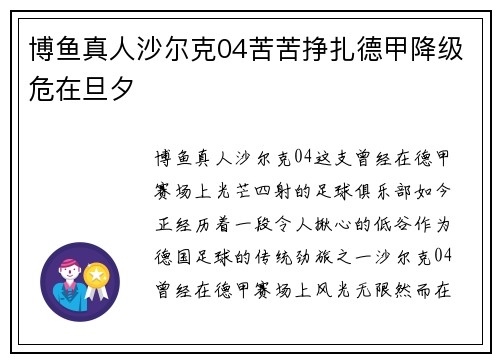 博鱼真人沙尔克04苦苦挣扎德甲降级危在旦夕