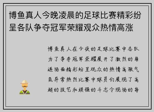 博鱼真人今晚凌晨的足球比赛精彩纷呈各队争夺冠军荣耀观众热情高涨